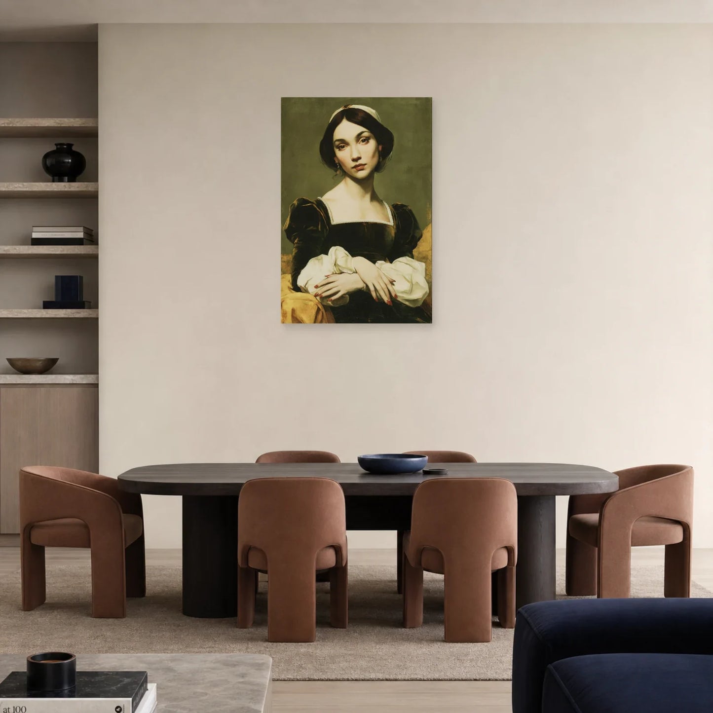 Tableau femme à la coiffe blanche dans une salle à manger