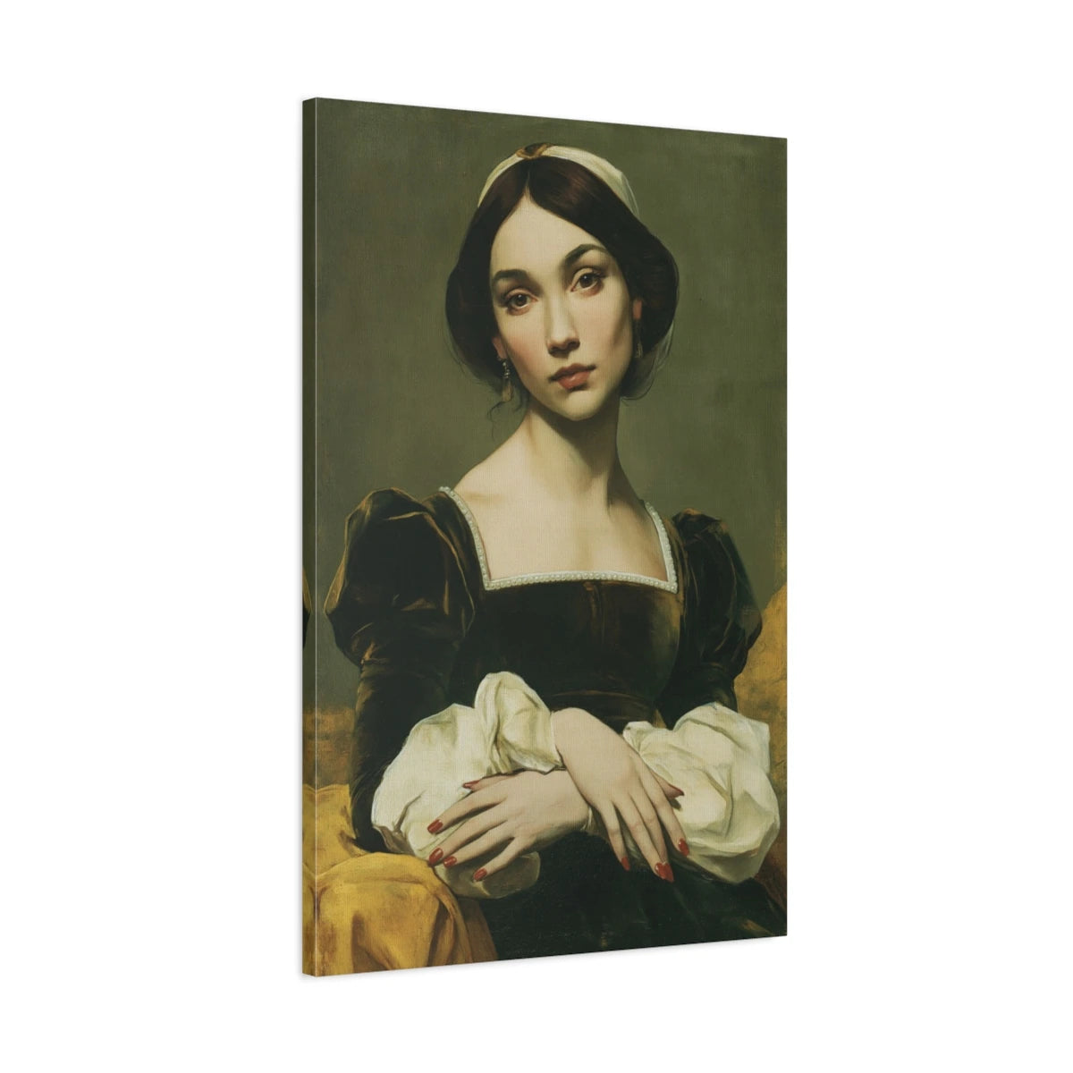 Vue 3D de côté du tableau portrait Renaissance aux ongles rouges