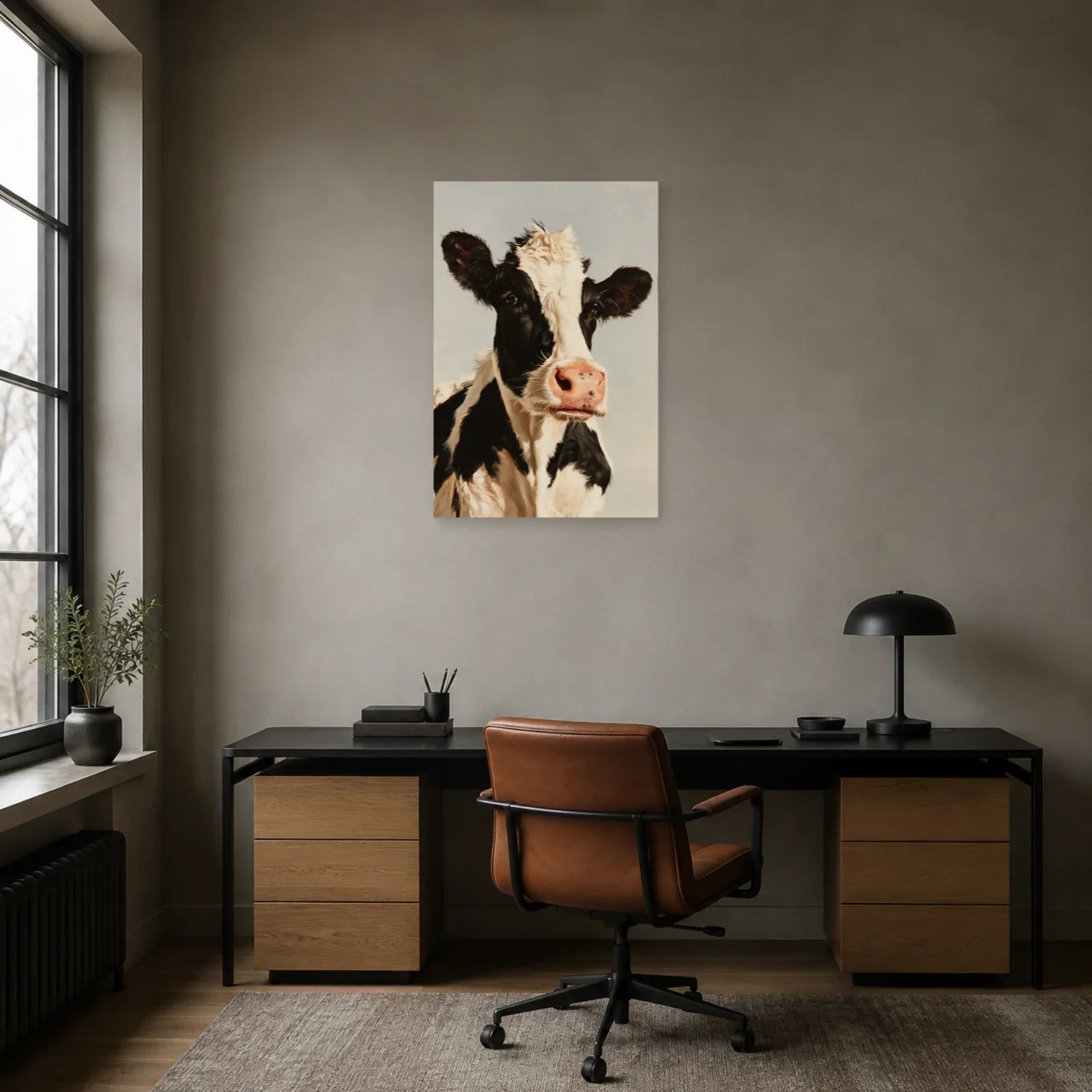 Tableau Portrait Vache Holstein présenté dans un bureau - Art Virtuoso