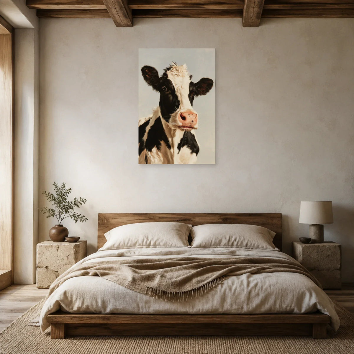 Tableau Portrait Vache Holstein présenté dans une chambre - Art Virtuoso