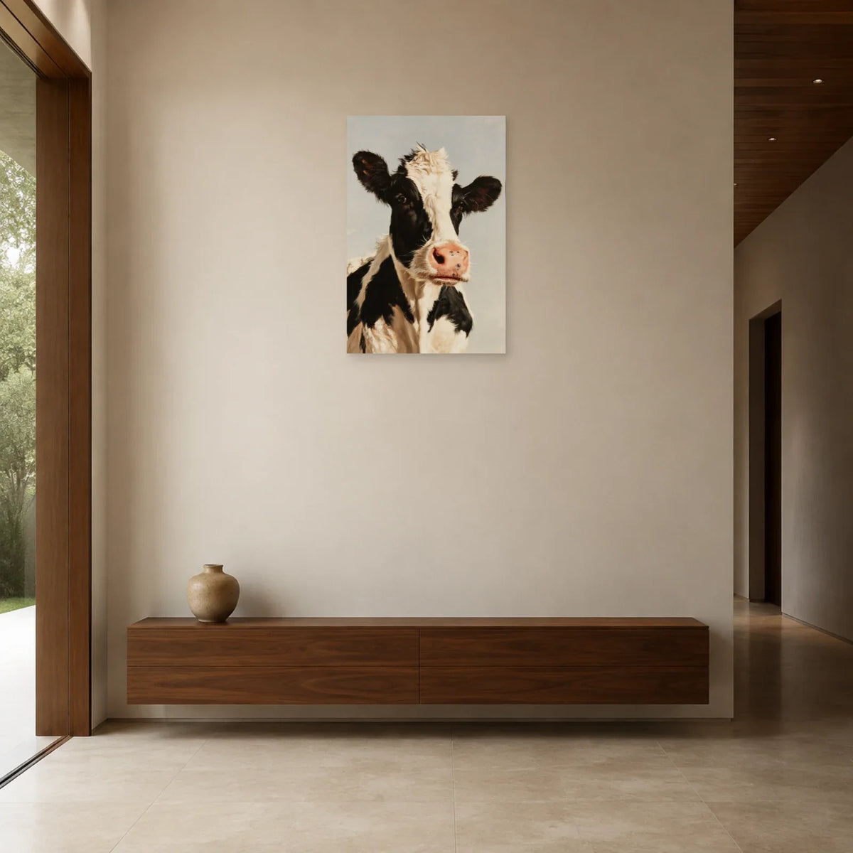 Tableau Portrait Vache Holstein présenté dans une entrée - Art Virtuoso
