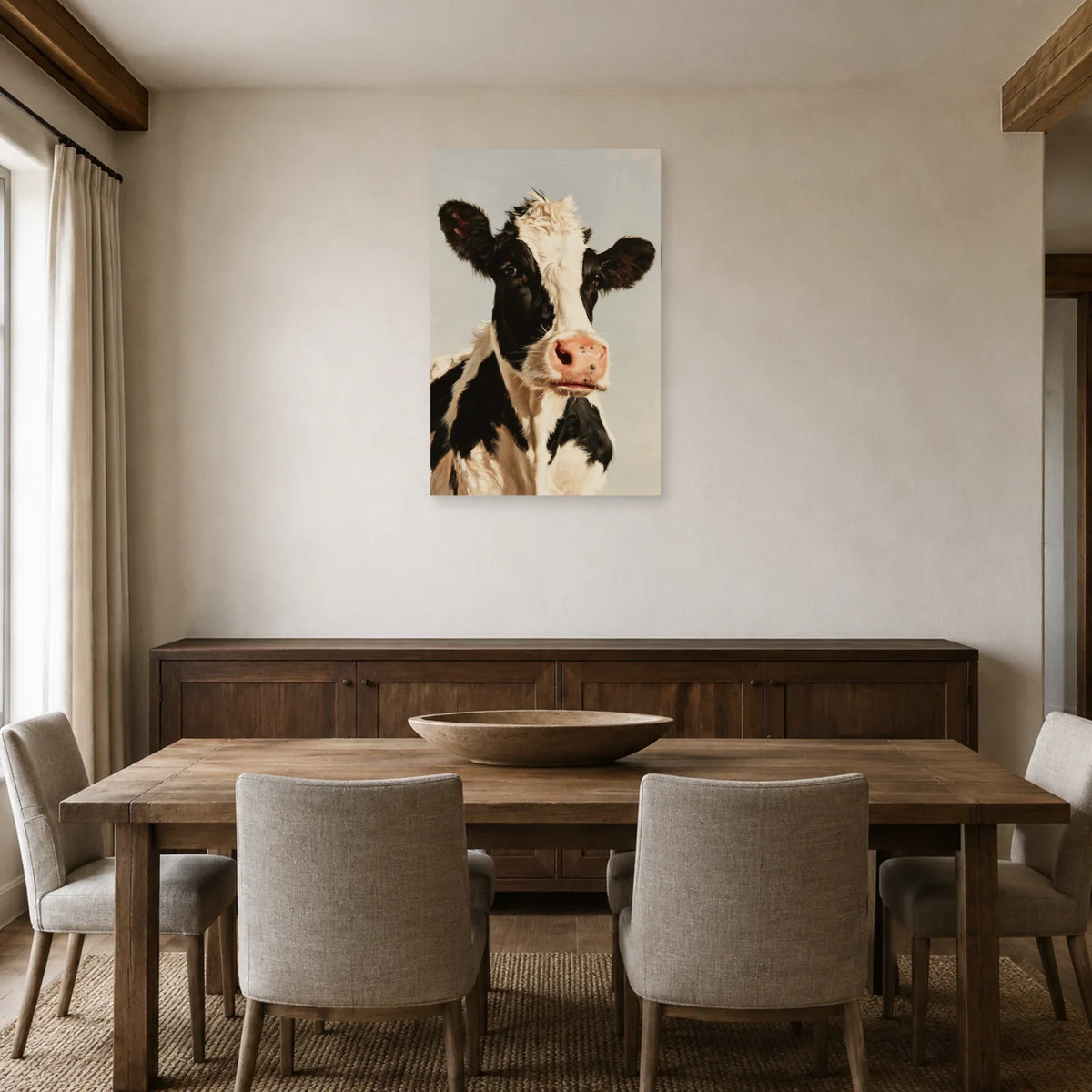 Tableau Portrait Vache Holstein présenté dans une salle à manger - Art Virtuoso