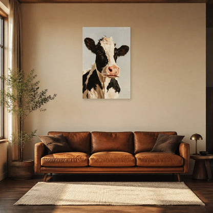 Tableau Portrait Vache Holstein présenté dans un salon - Art Virtuoso