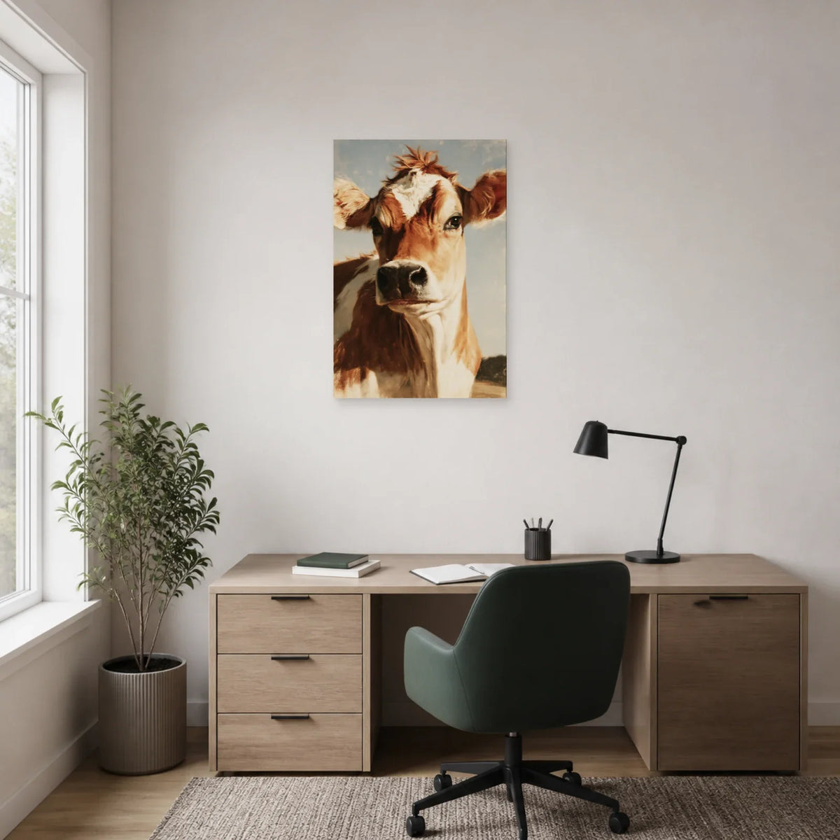 Tableau Portrait Vache Jersey présenté dans un bureau - Art Virtuoso