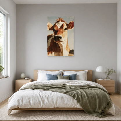 Tableau Portrait Vache Jersey présenté dans une chambre - Art Virtuoso