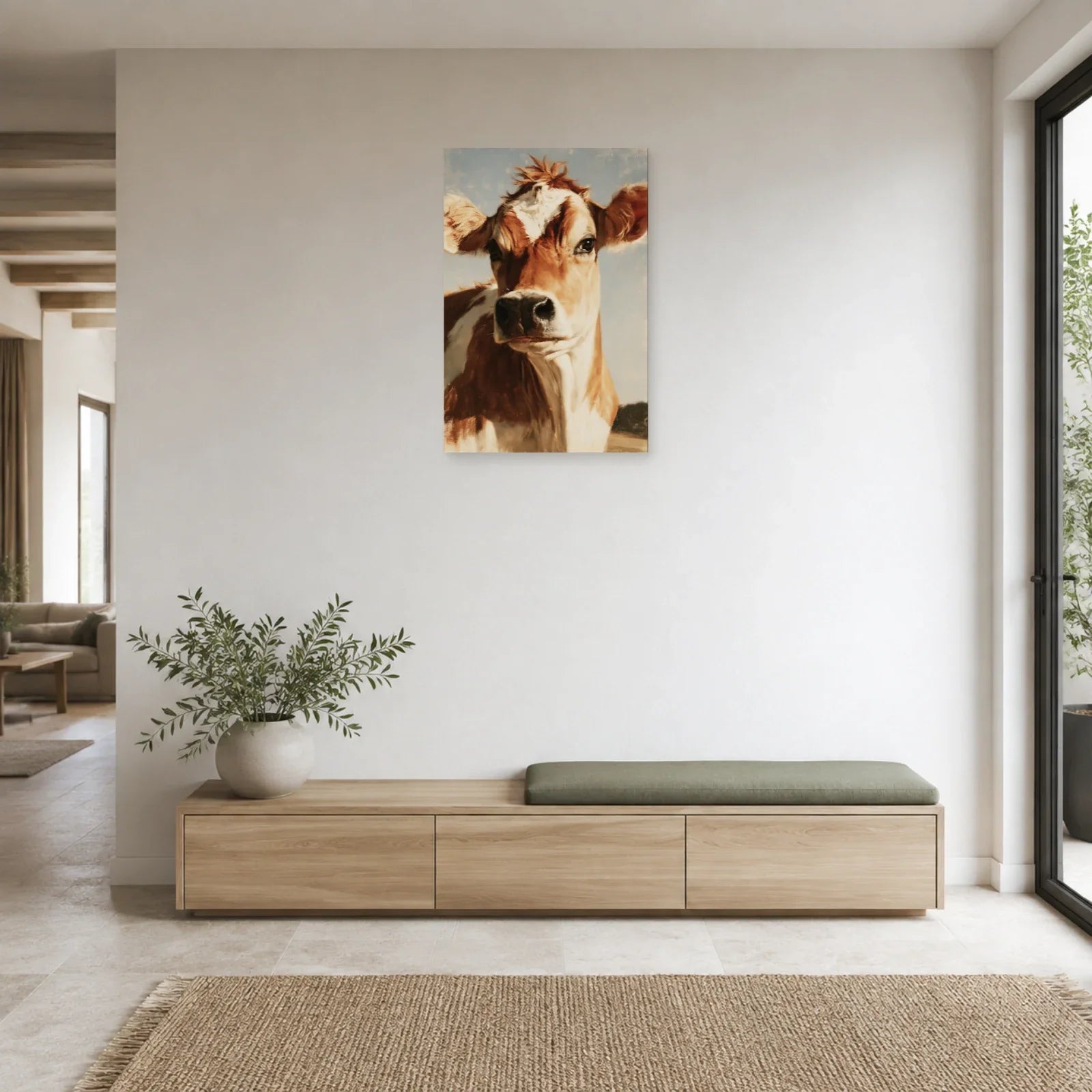 Tableau Portrait Vache Jersey présenté dans une entrée - Art Virtuoso