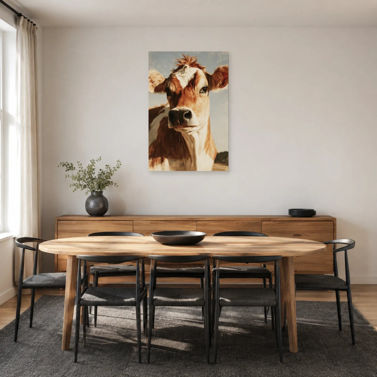 Tableau Portrait Vache Jersey présenté dans une salle à manger - Art Virtuoso