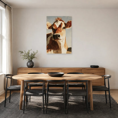 Tableau Portrait Vache Jersey présenté dans une salle à manger - Art Virtuoso