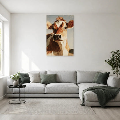Tableau Portrait Vache Jersey présenté dans un salon - Art Virtuoso