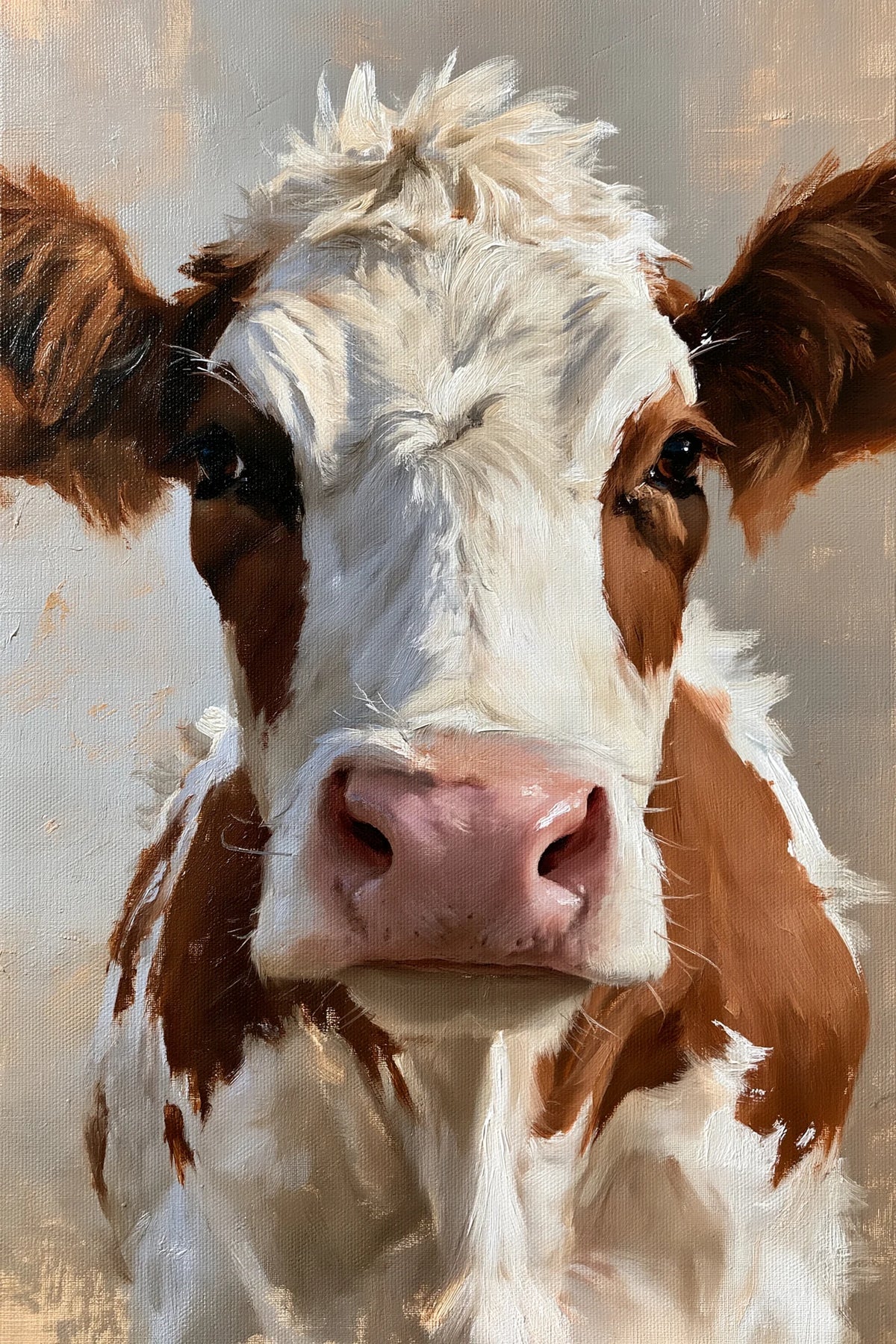 Tableau Portrait Vache Normande, portrait vertical de Normande centrée sur ses marques brunes et son regard velouté, format M - Art Virtuoso