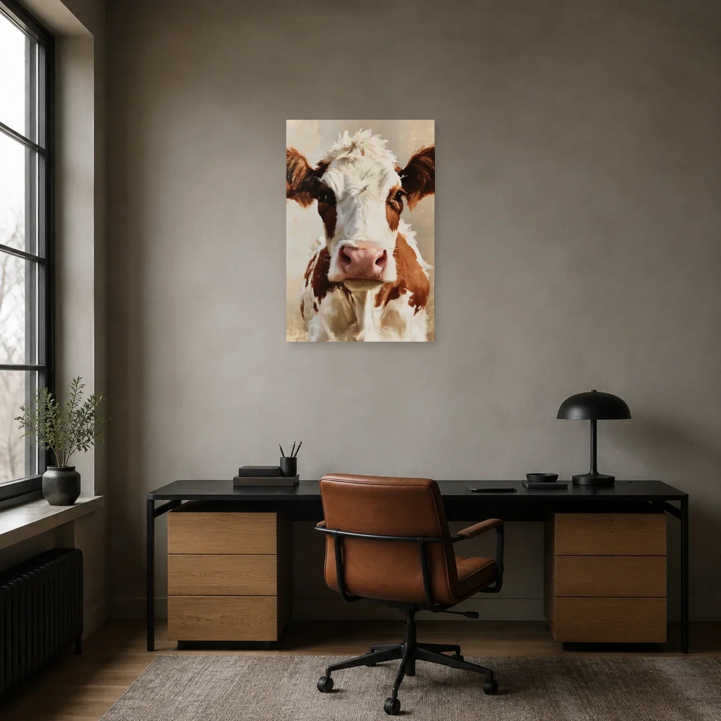 Tableau Portrait Vache Normande présenté dans un bureau - Art Virtuoso