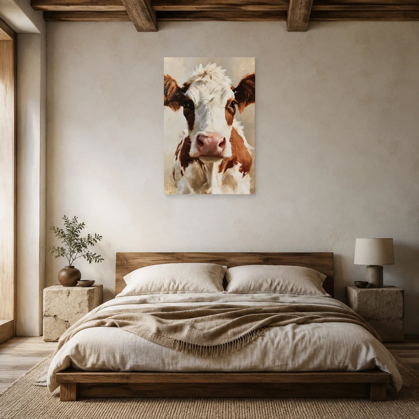 Tableau Portrait Vache Normande présenté dans une chambre - Art Virtuoso