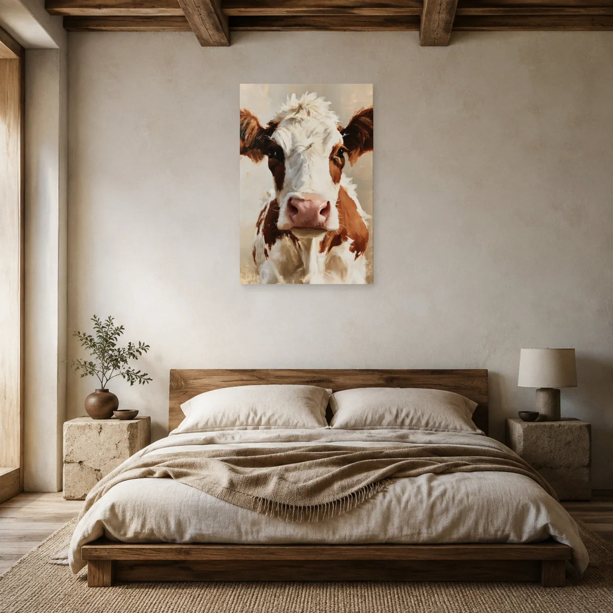 Tableau Portrait Vache Normande présenté dans une chambre - Art Virtuoso