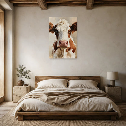 Tableau Portrait Vache Normande présenté dans une chambre - Art Virtuoso