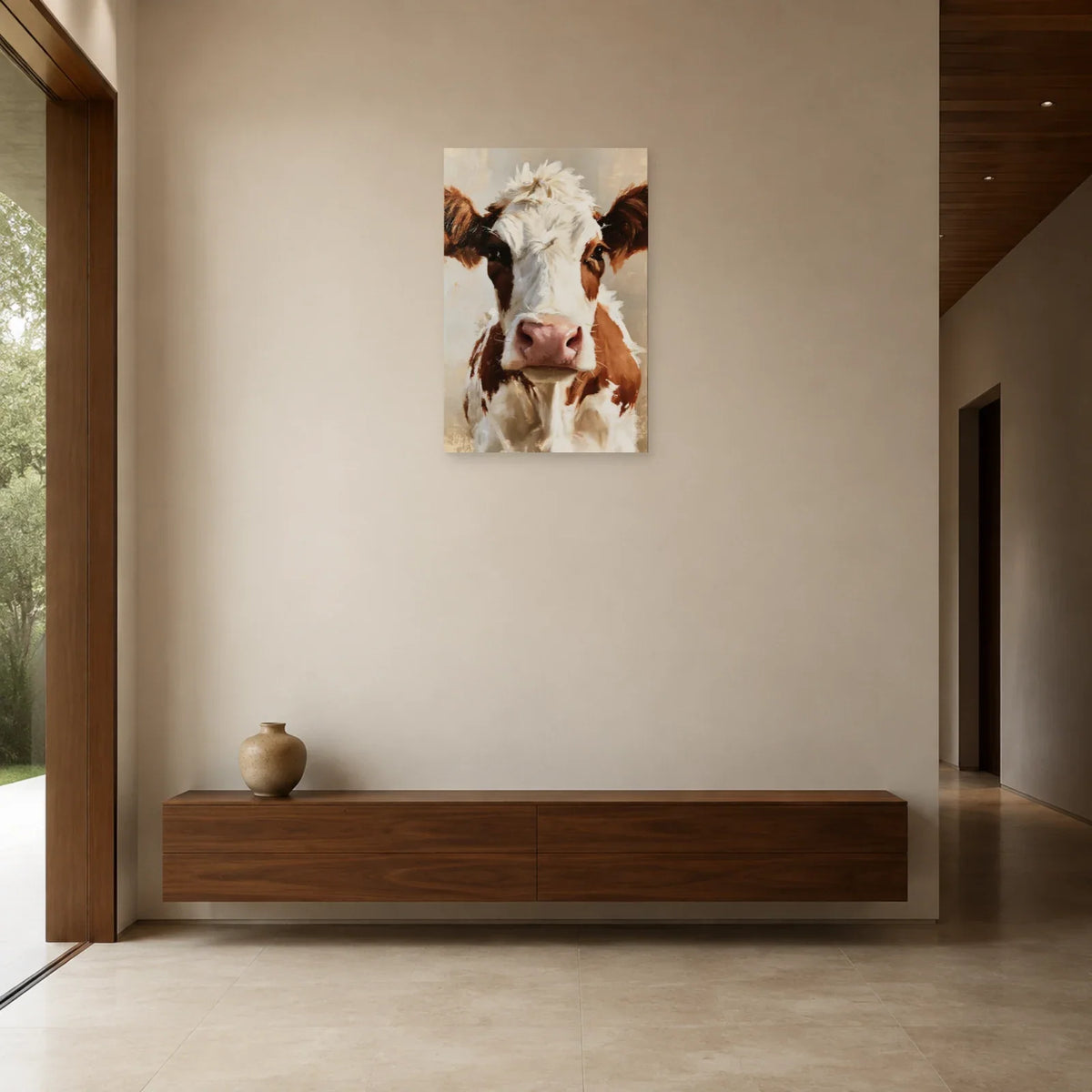 Tableau Portrait Vache Normande présenté dans une entrée - Art Virtuoso
