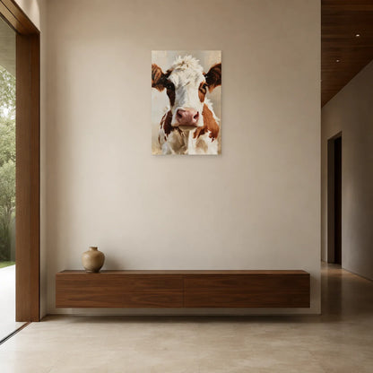 Tableau Portrait Vache Normande présenté dans une entrée - Art Virtuoso