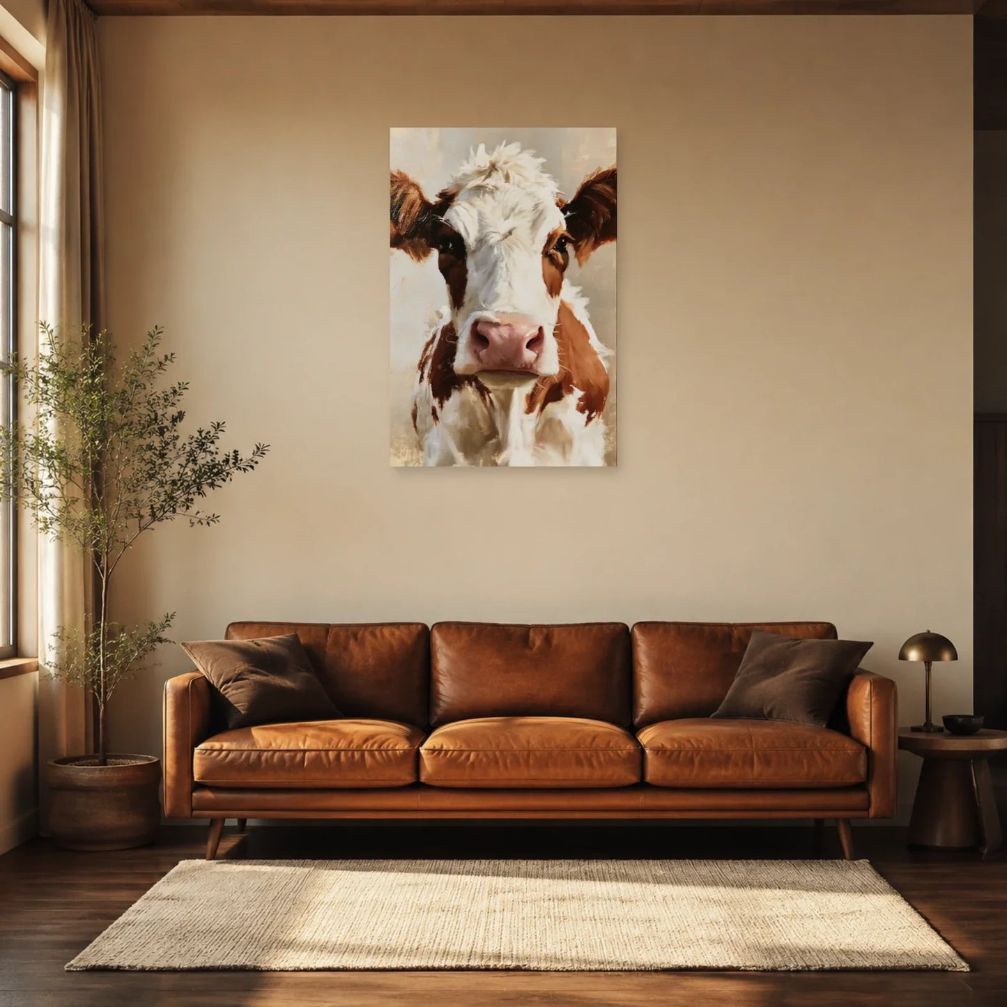Tableau Portrait Vache Normande présenté dans un salon - Art Virtuoso