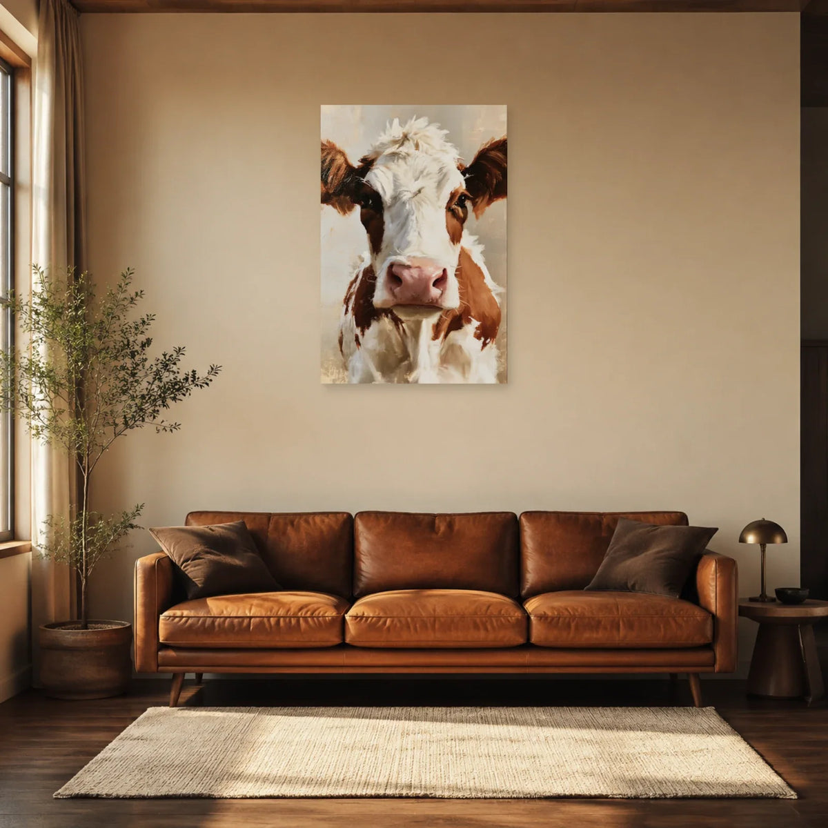 Tableau Portrait Vache Normande présenté dans un salon - Art Virtuoso