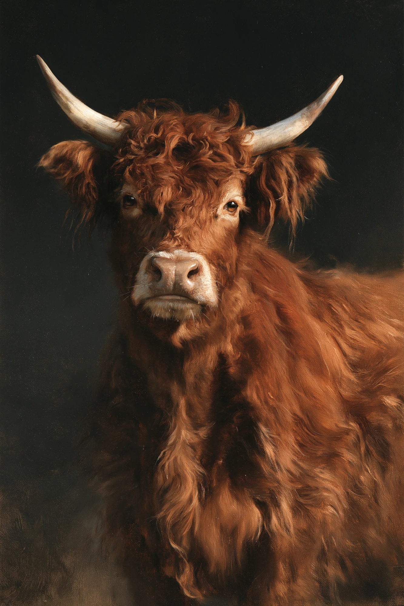 Tableau Portrait Vache Salers, Salers verticale aux cornes claires et à la robe acajou profonde, format L - Art Virtuoso