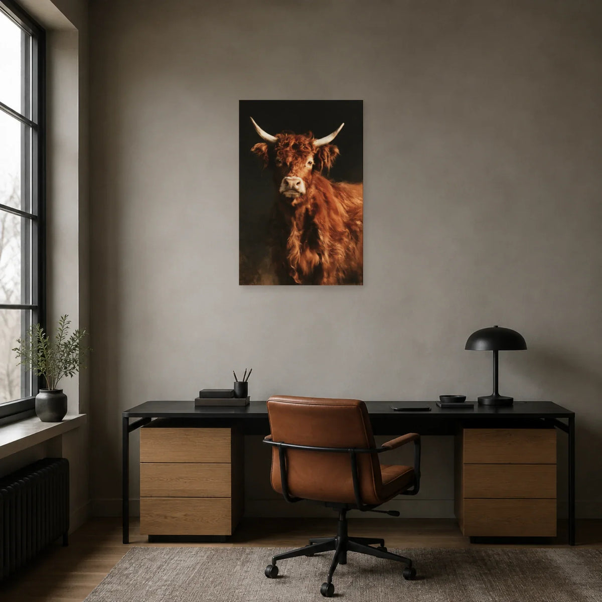 Tableau Portrait Vache Salers présenté dans un bureau - Art Virtuoso