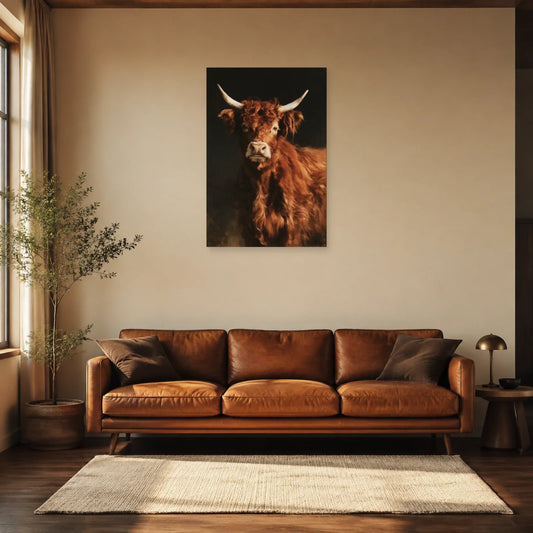 Tableau Portrait Vache Salers présenté dans un salon - Art Virtuoso