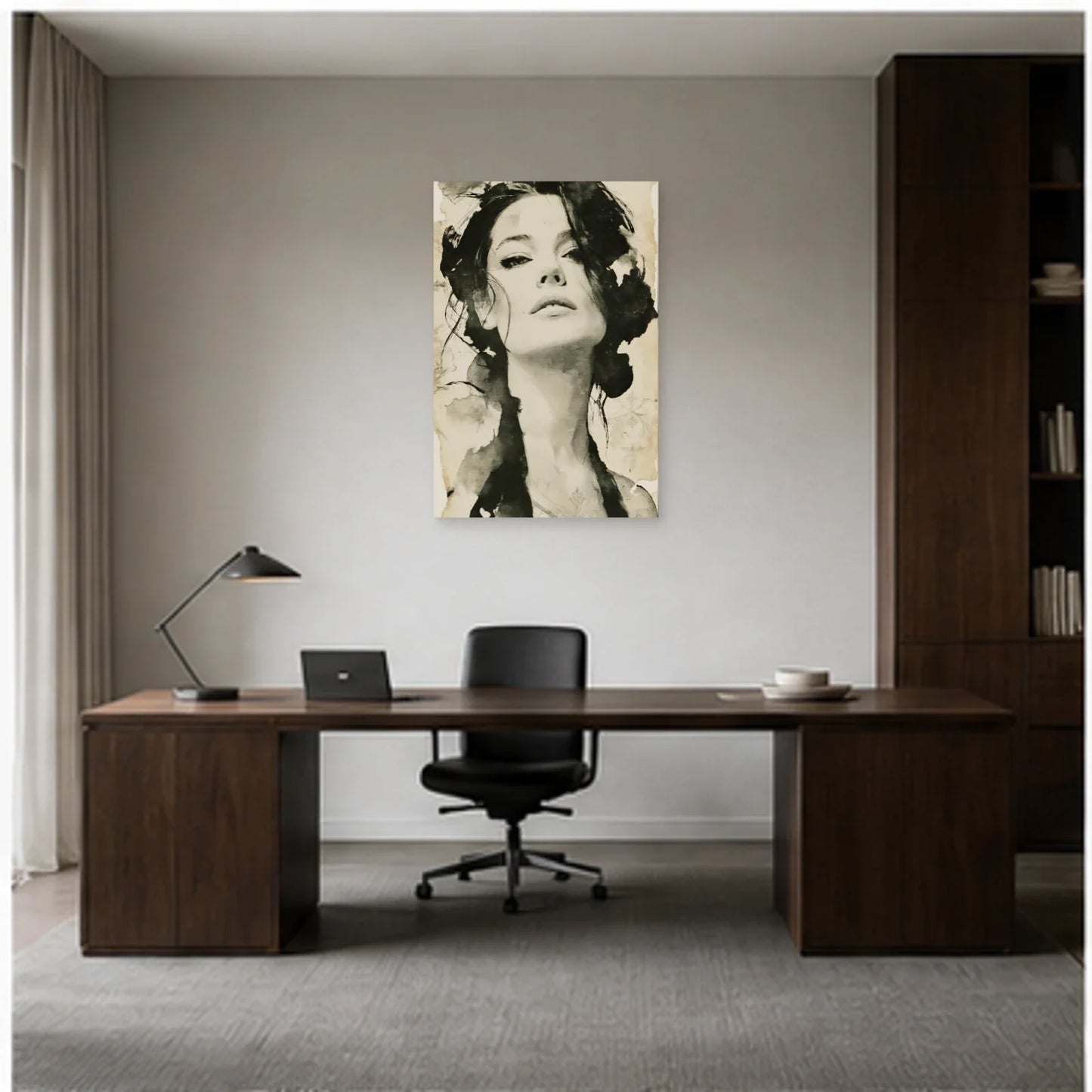 Tableau Poster Femme Noir et Blanc - Regard Graphique dans un bureau - Art Virtuoso