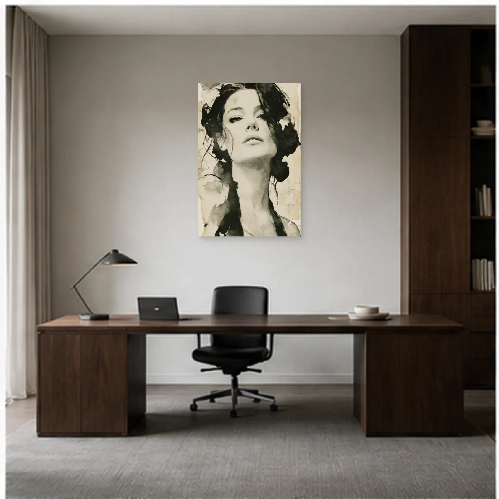 Tableau Poster Femme Noir et Blanc - Regard Graphique dans un bureau - Art Virtuoso