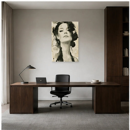 Tableau Poster Femme Noir et Blanc - Regard Graphique dans un bureau - Art Virtuoso