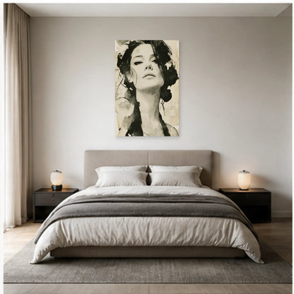 Tableau Poster Femme Noir et Blanc - Regard Graphique dans une chambre - Art Virtuoso