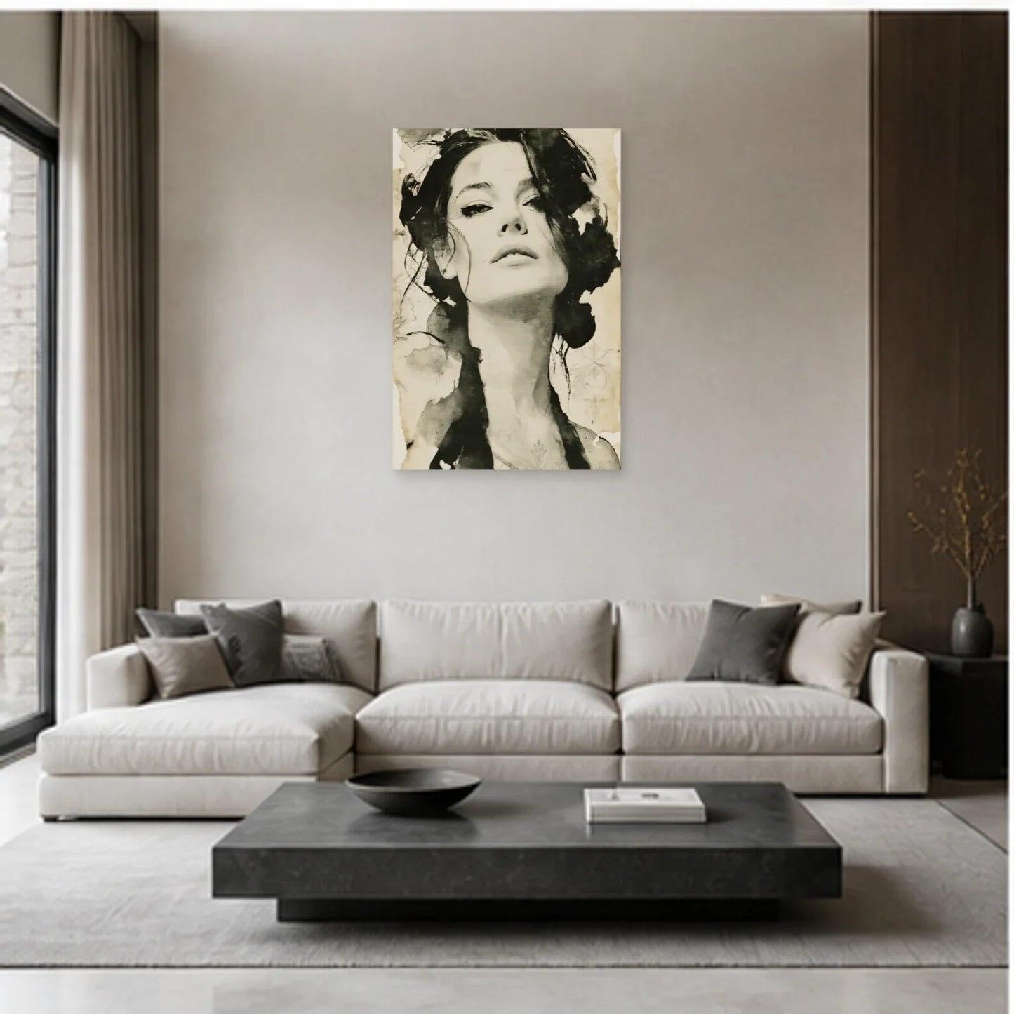 Tableau Poster Femme Noir et Blanc - Regard Graphique dans un salon - Art Virtuoso