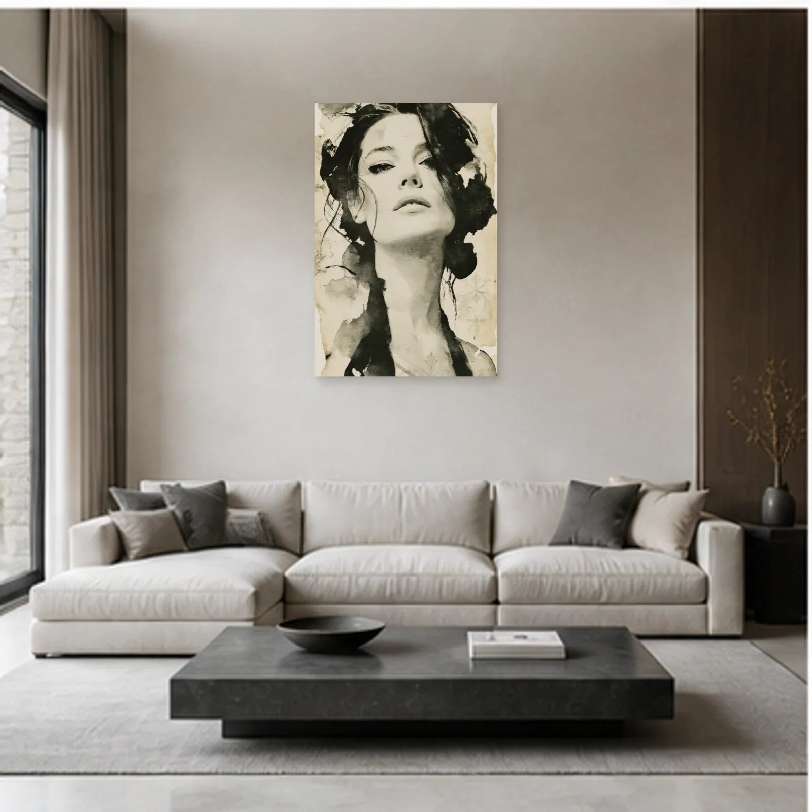 Tableau Poster Femme Noir et Blanc - Regard Graphique dans un salon - Art Virtuoso