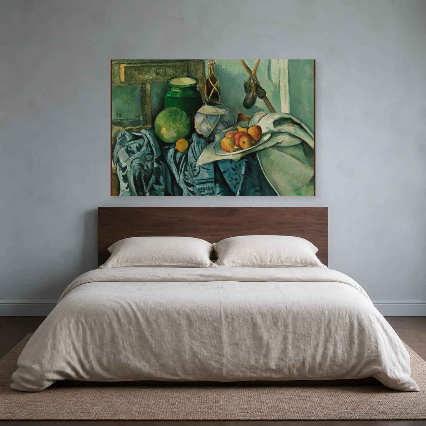 Tableau Nature morte avec pot de gingembre et aubergines – Paul Cézanne dans une chambre - Art Virtuoso