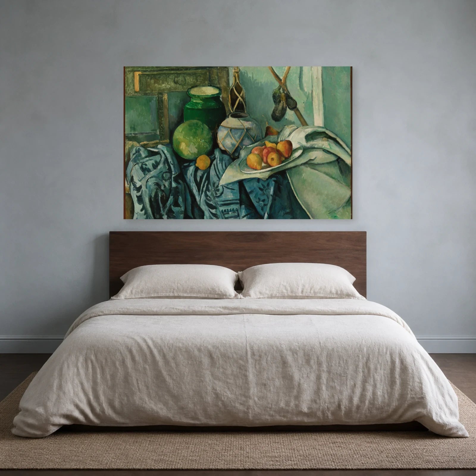 Tableau Nature morte avec pot de gingembre et aubergines – Paul Cézanne dans une chambre - Art Virtuoso