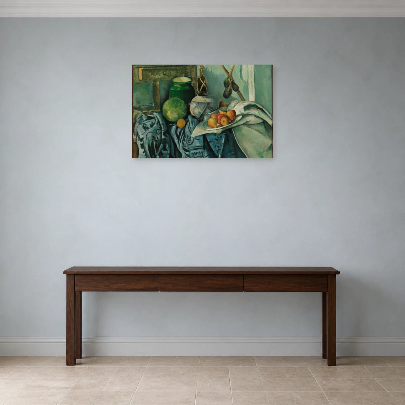 Tableau Nature morte avec pot de gingembre et aubergines – Paul Cézanne dans une entrée ou un couloir - Art Virtuoso