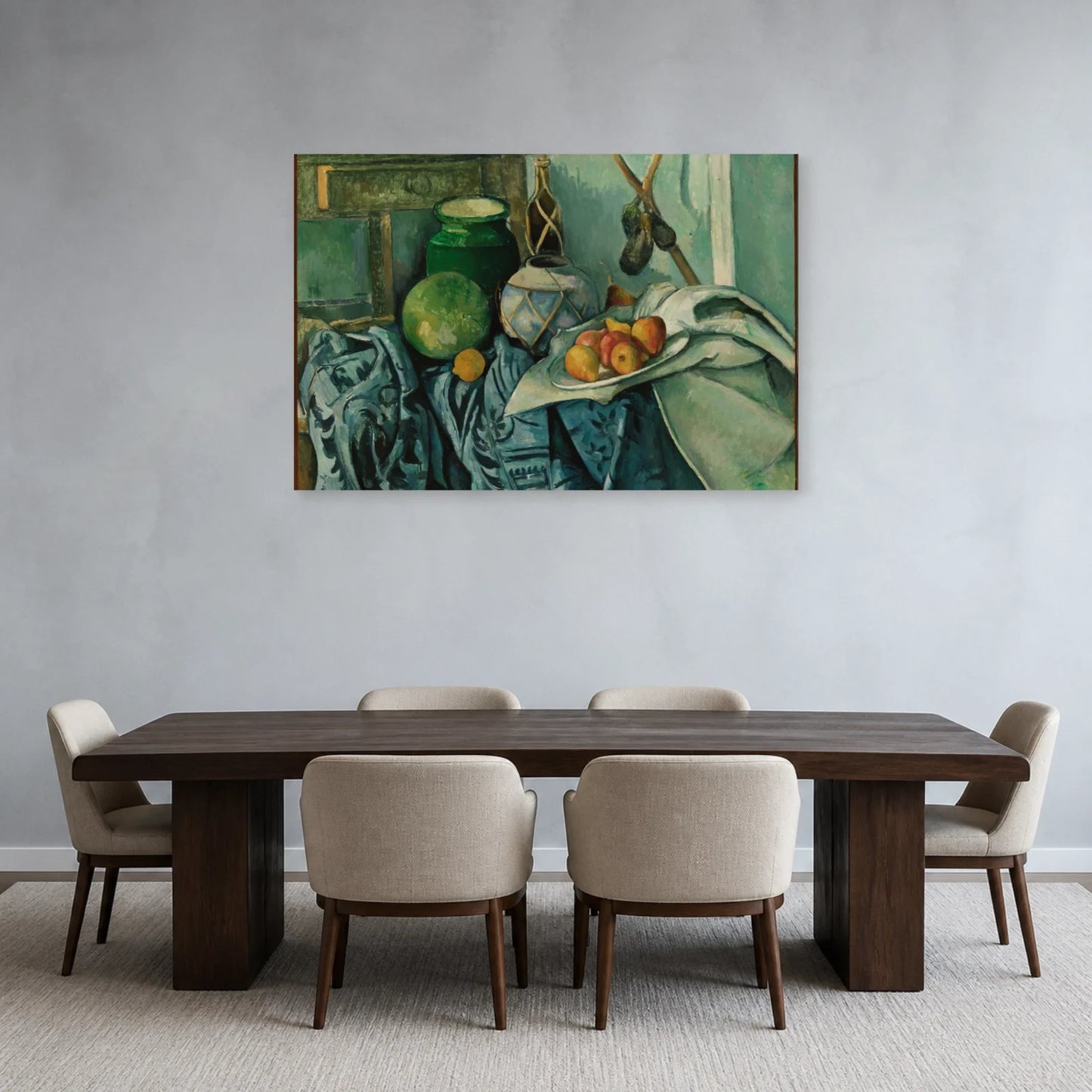 Tableau Nature morte avec pot de gingembre et aubergines – Paul Cézanne dans une salle à manger - Art Virtuoso