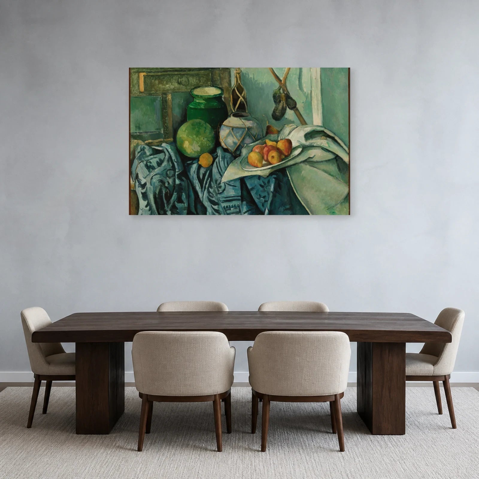 Tableau Nature morte avec pot de gingembre et aubergines – Paul Cézanne dans une salle à manger - Art Virtuoso