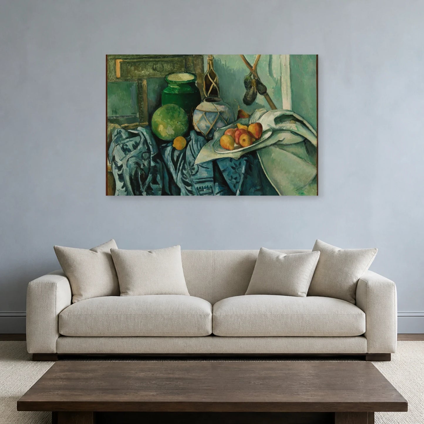 Tableau Nature morte avec pot de gingembre et aubergines – Paul Cézanne dans un salon - Art Virtuoso