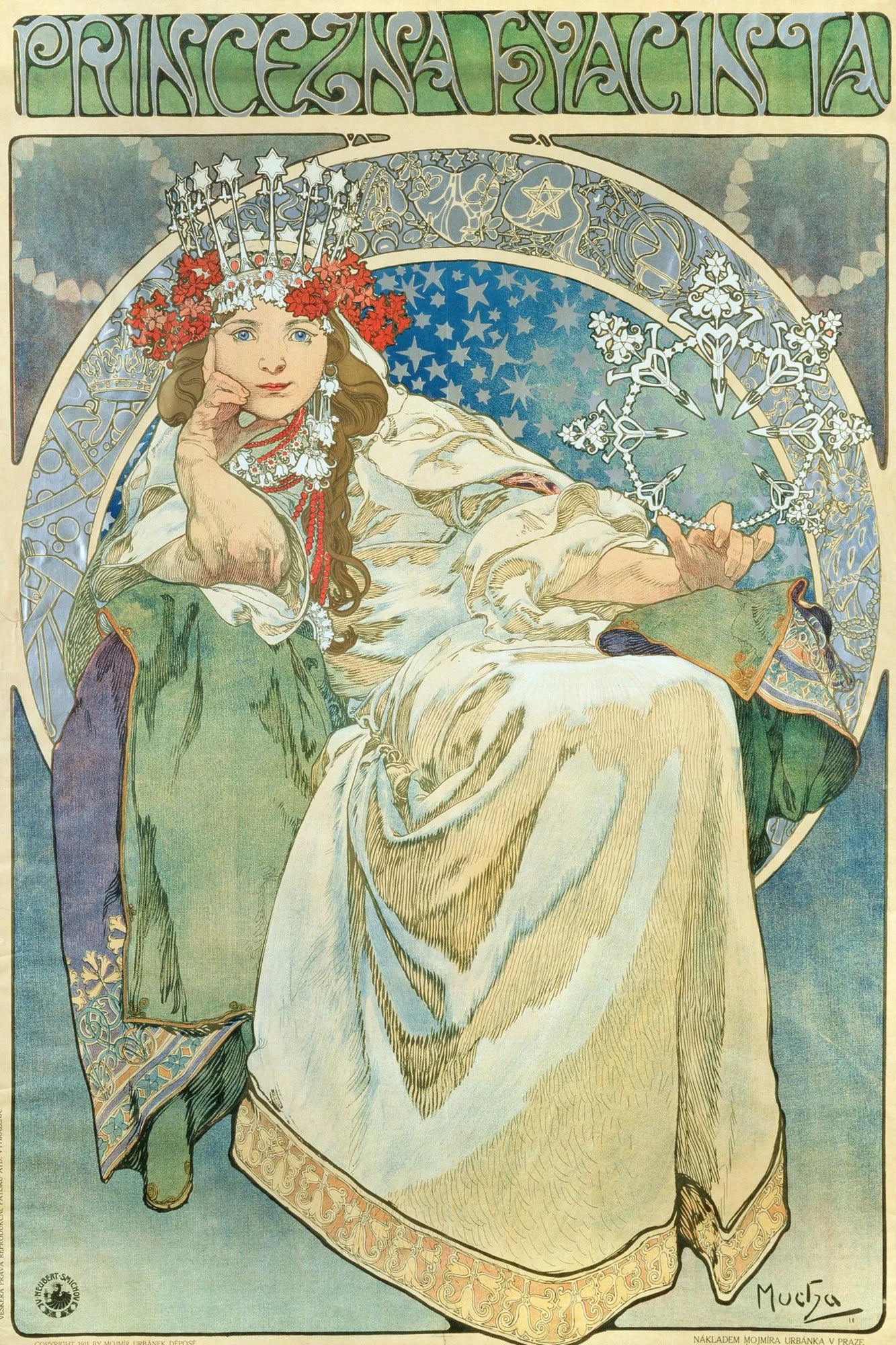 Princesse Hyacinthe d’Alphonse Mucha – une princesse en robe claire est assise sous un arc étoilé – format M