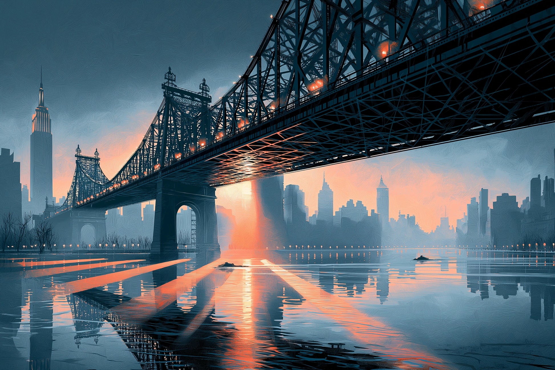 Toile Queensboro Bridge bleu gris et rose corail, format L