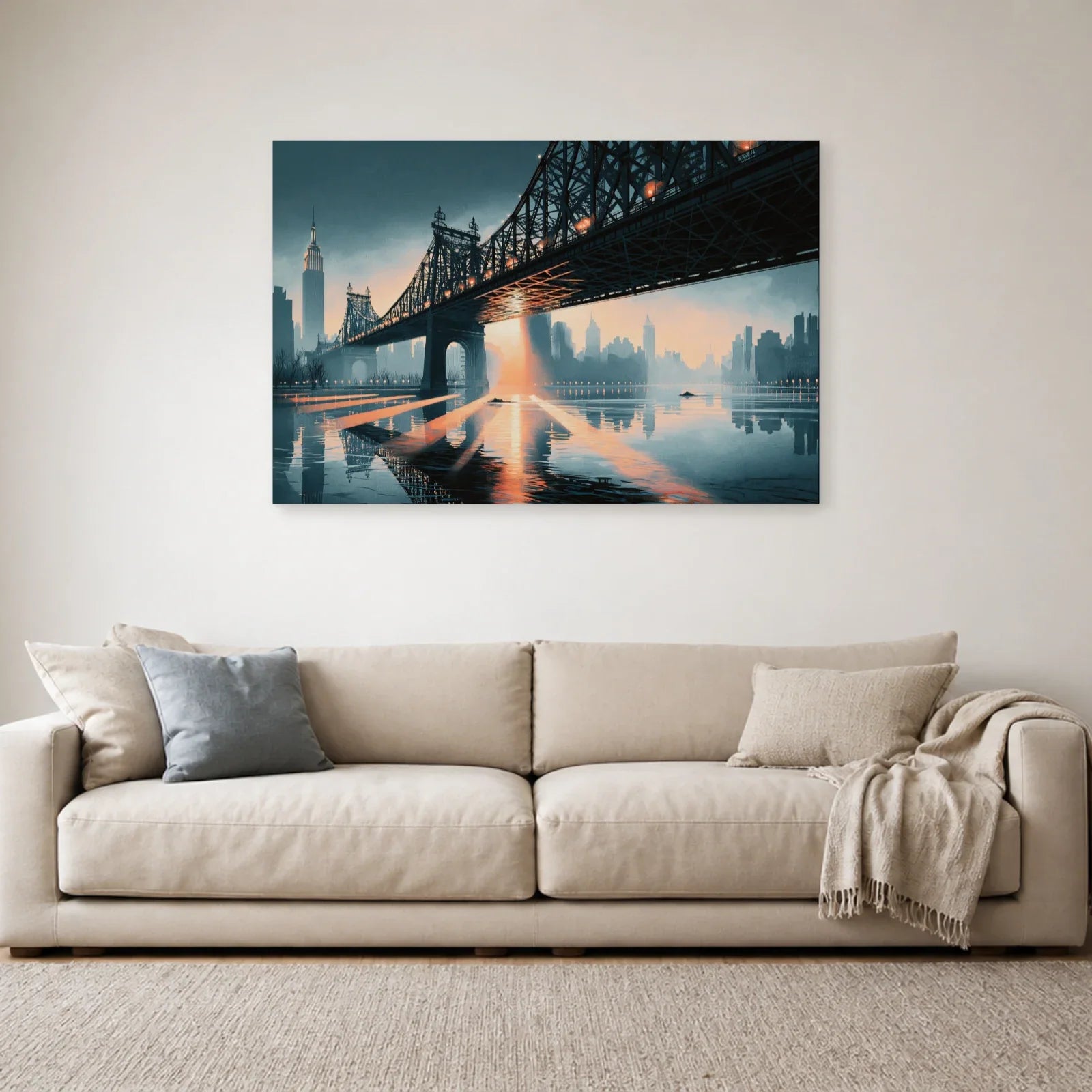 Pont métallique et reflets corail présentés sur toile dans un salon