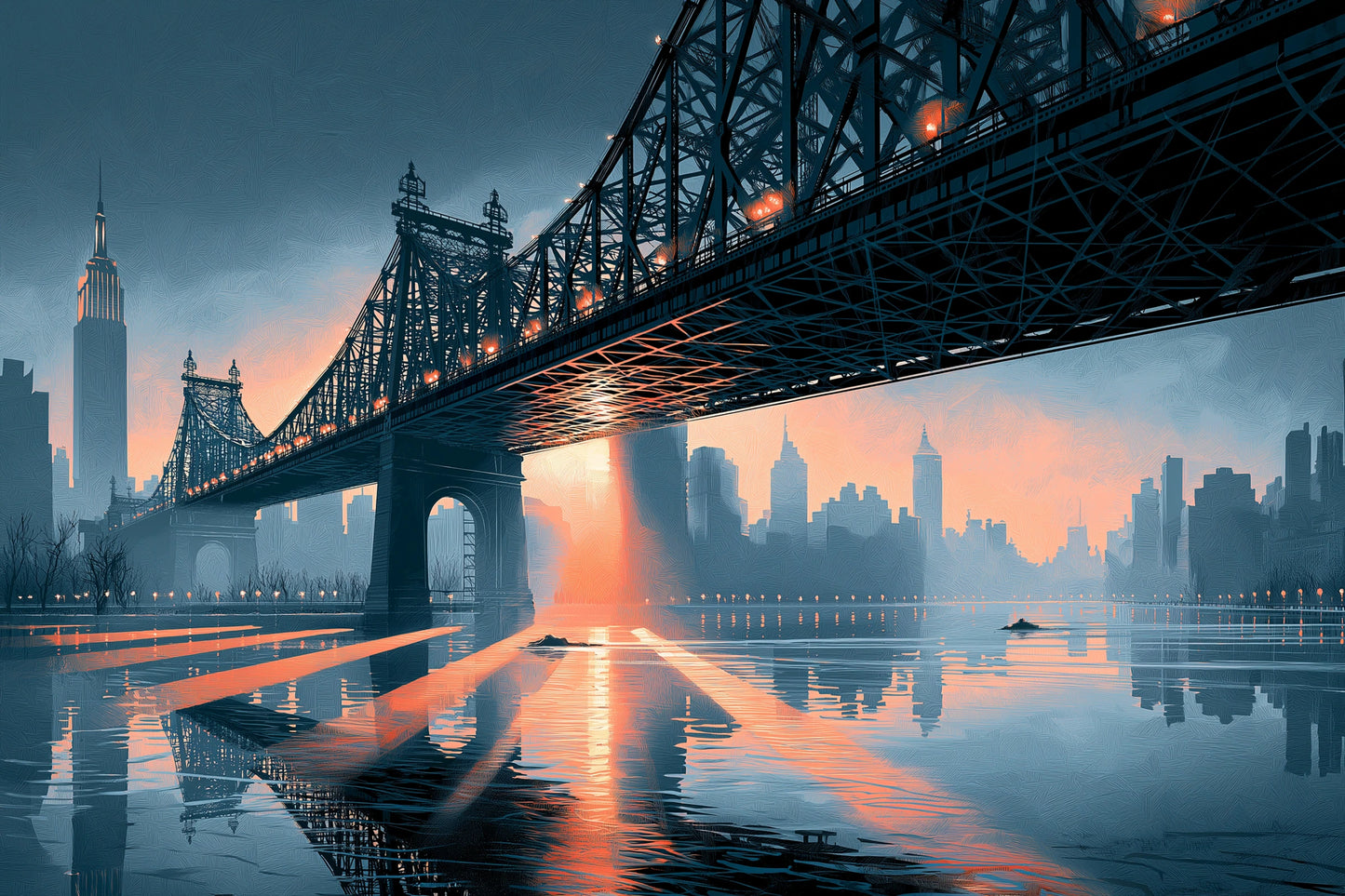 Toile Queensboro Bridge bleu gris et rose corail, format S