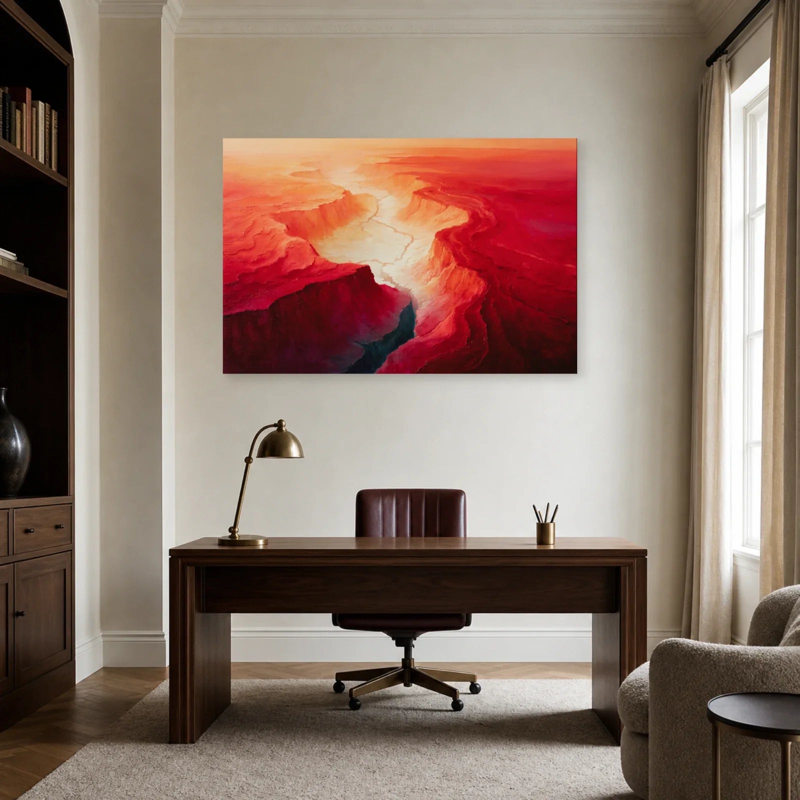 Tableau Abstrait Rouge Topographique - Bassin Cramoisi dans un bureau - Art Virtuoso
