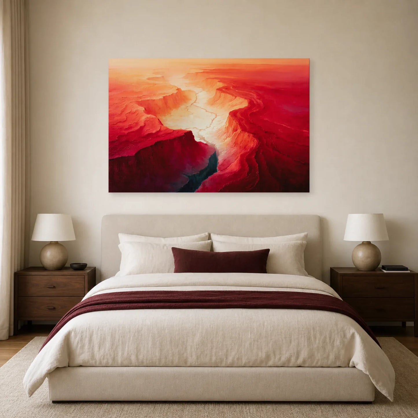 Tableau Abstrait Rouge Topographique - Bassin Cramoisi dans une chambre - Art Virtuoso