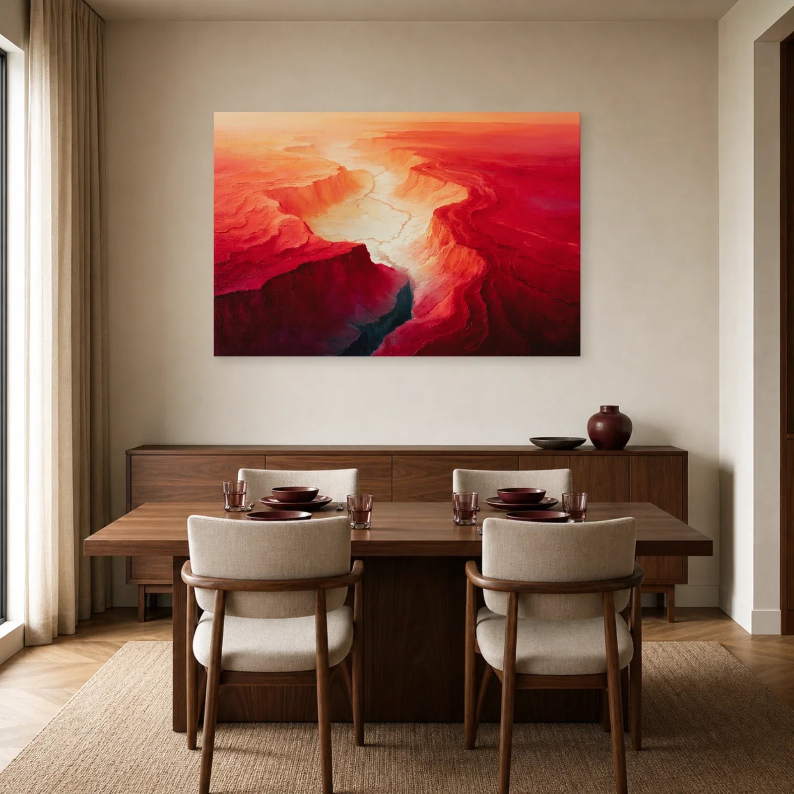 Tableau Abstrait Rouge Topographique - Bassin Cramoisi dans une salle à manger - Art Virtuoso