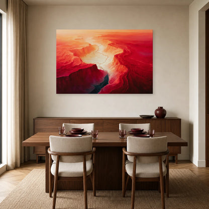 Tableau Abstrait Rouge Topographique - Bassin Cramoisi dans une salle à manger - Art Virtuoso