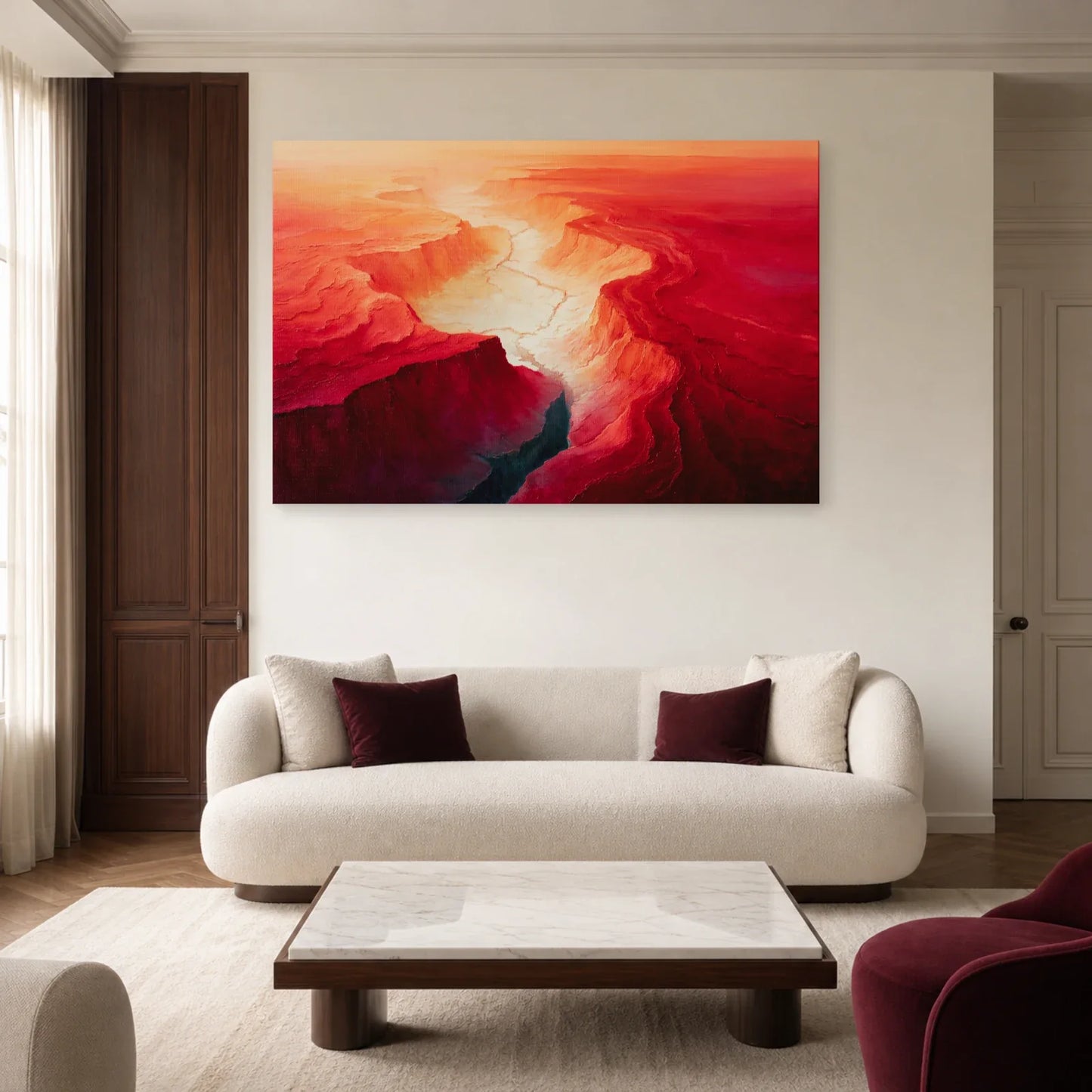Tableau Abstrait Rouge Topographique - Bassin Cramoisi dans un salon - Art Virtuoso
