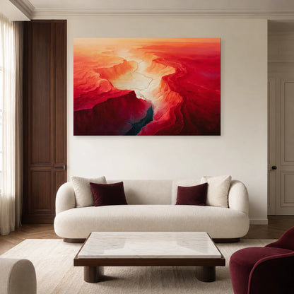 Tableau Abstrait Rouge Topographique - Bassin Cramoisi dans un salon - Art Virtuoso