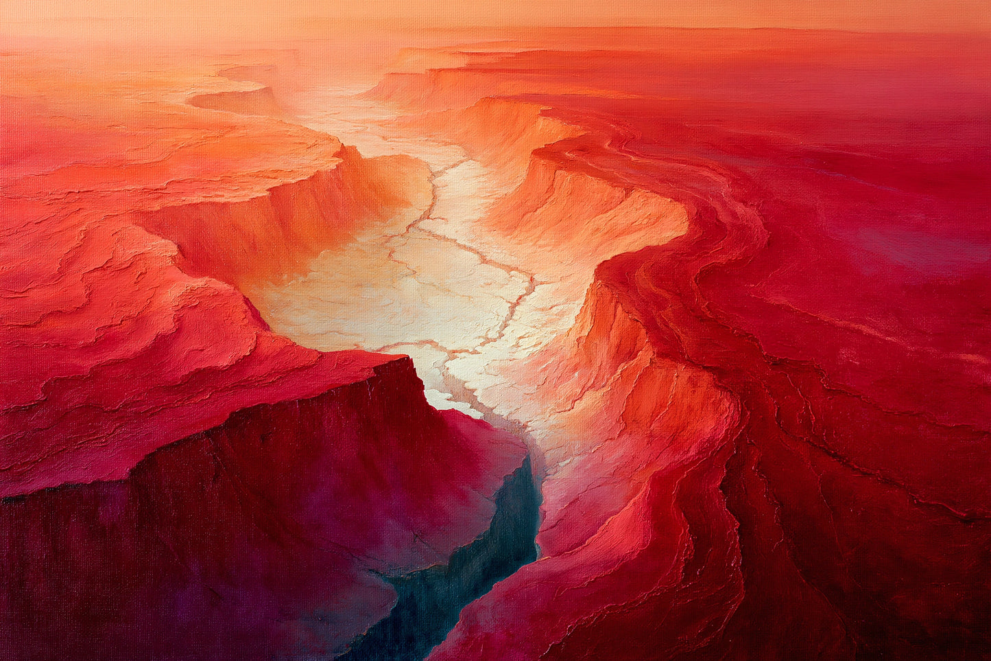 paysage abstrait rouge topographique avec bassin ivoire et faille sombre, toile horizontale en taille S