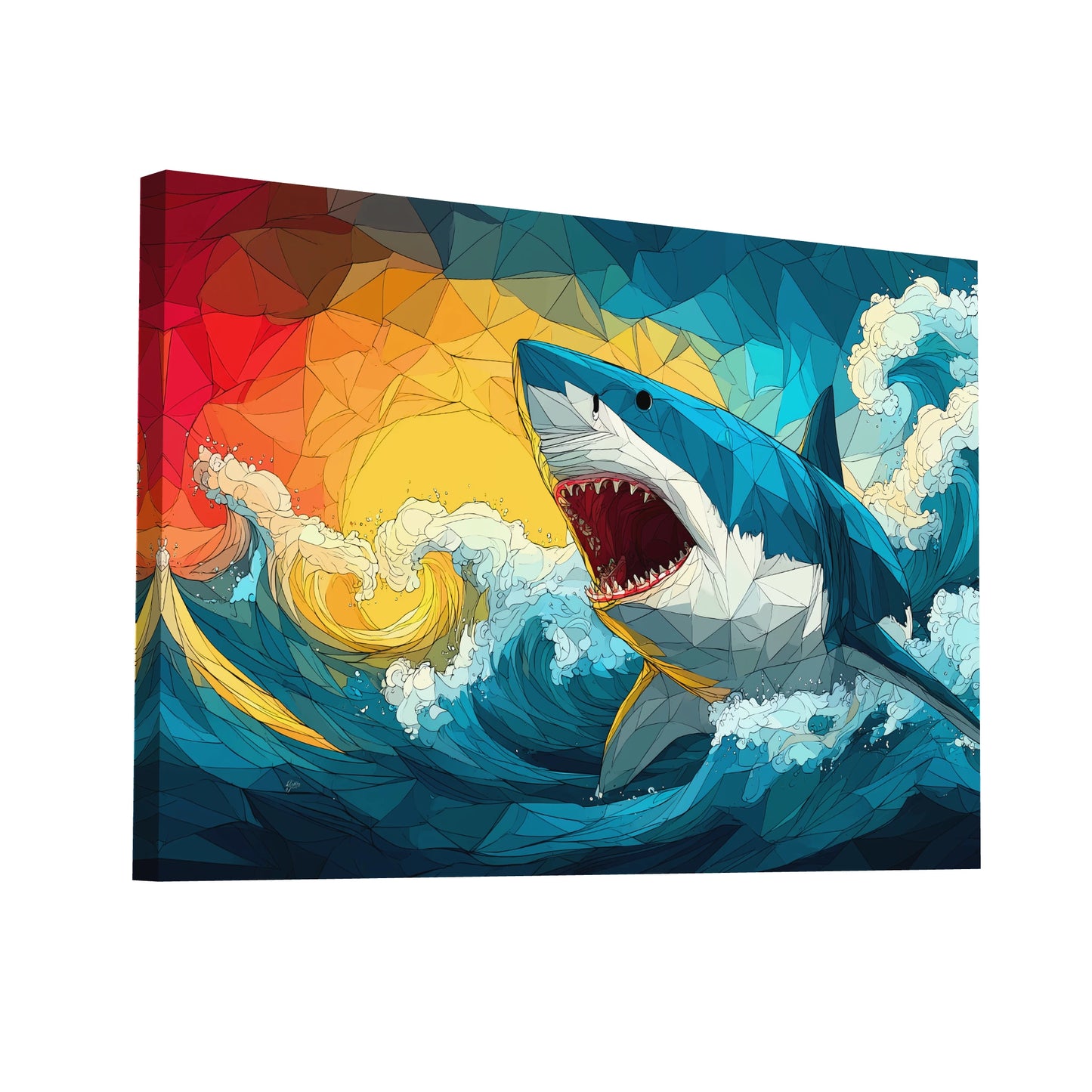 Product Hero 3D WebP Tableau Requin Blanc – Éruption Océane au Couchant - Art Virtuoso