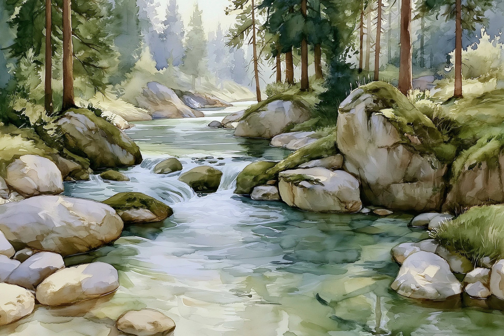 Petite cascade dans une forêt de conifères – format M